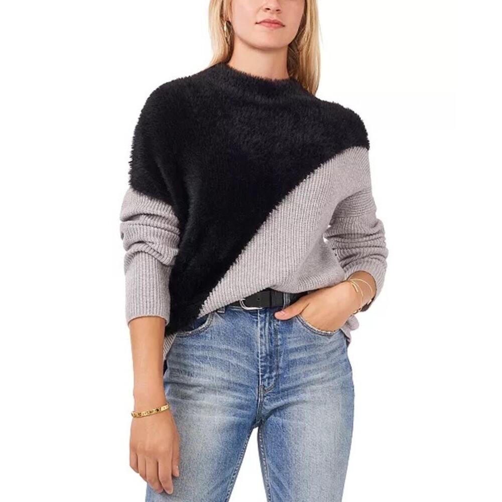 Vince Camuto Colorblock Fuzzy Mock Neck Sweater Black Gray XS